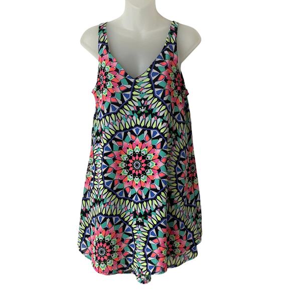 2/$30 Xhilaration 1980s Tank Dress Women Small Blue Pink Geo Kaleidoscope Hippie - Picture 1 of 8